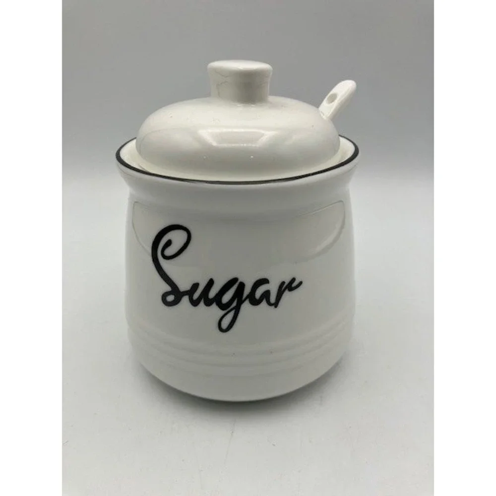 White Ceramic Sugar Bowl Jar with Lid‎ and Spoon 4.5